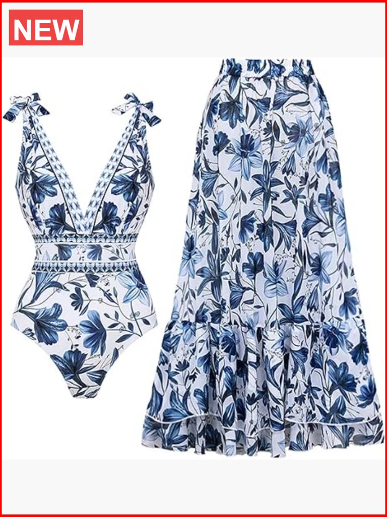 V Neck Lace Up Strip Print One Piece Swimsuit With Matching Skirt Sarong